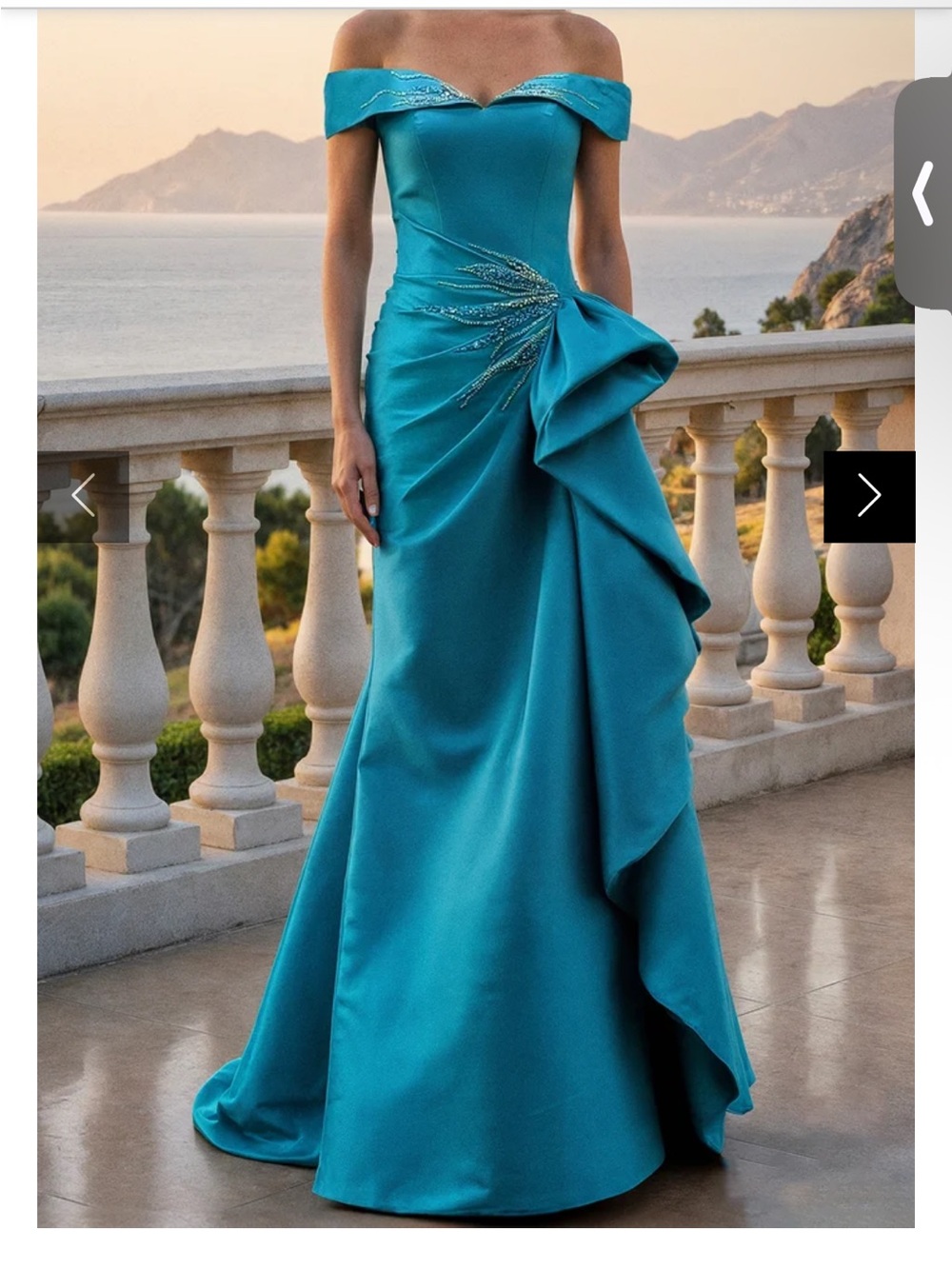 Terani Couture Teal Off-Shoulder Draped Gown with Beaded Waist 261M6431
